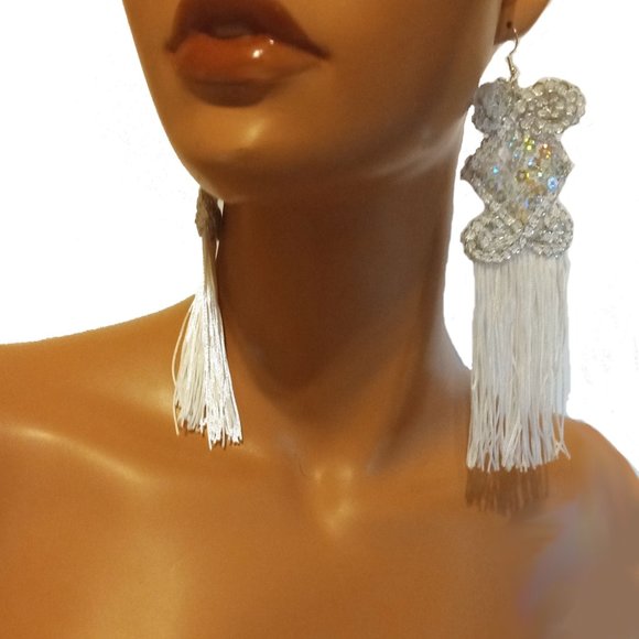 Silver Sequin And White Tassels Long Earrings, Long Silver Earrings - Picture 2 of 4